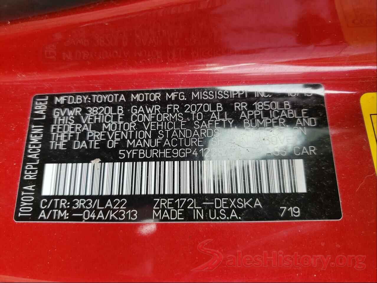 5YFBURHE9GP412287 2016 TOYOTA COROLLA