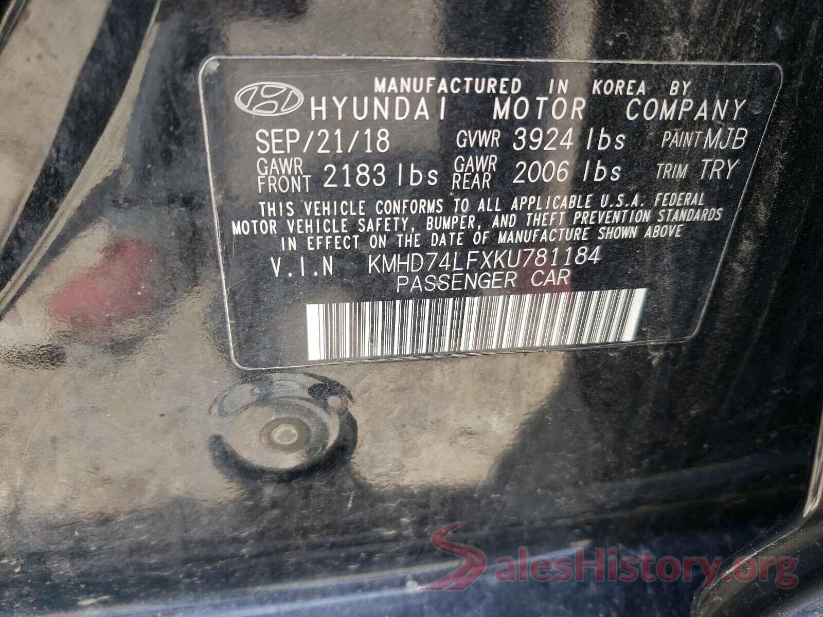 KMHD74LFXKU781184 2019 HYUNDAI ELANTRA