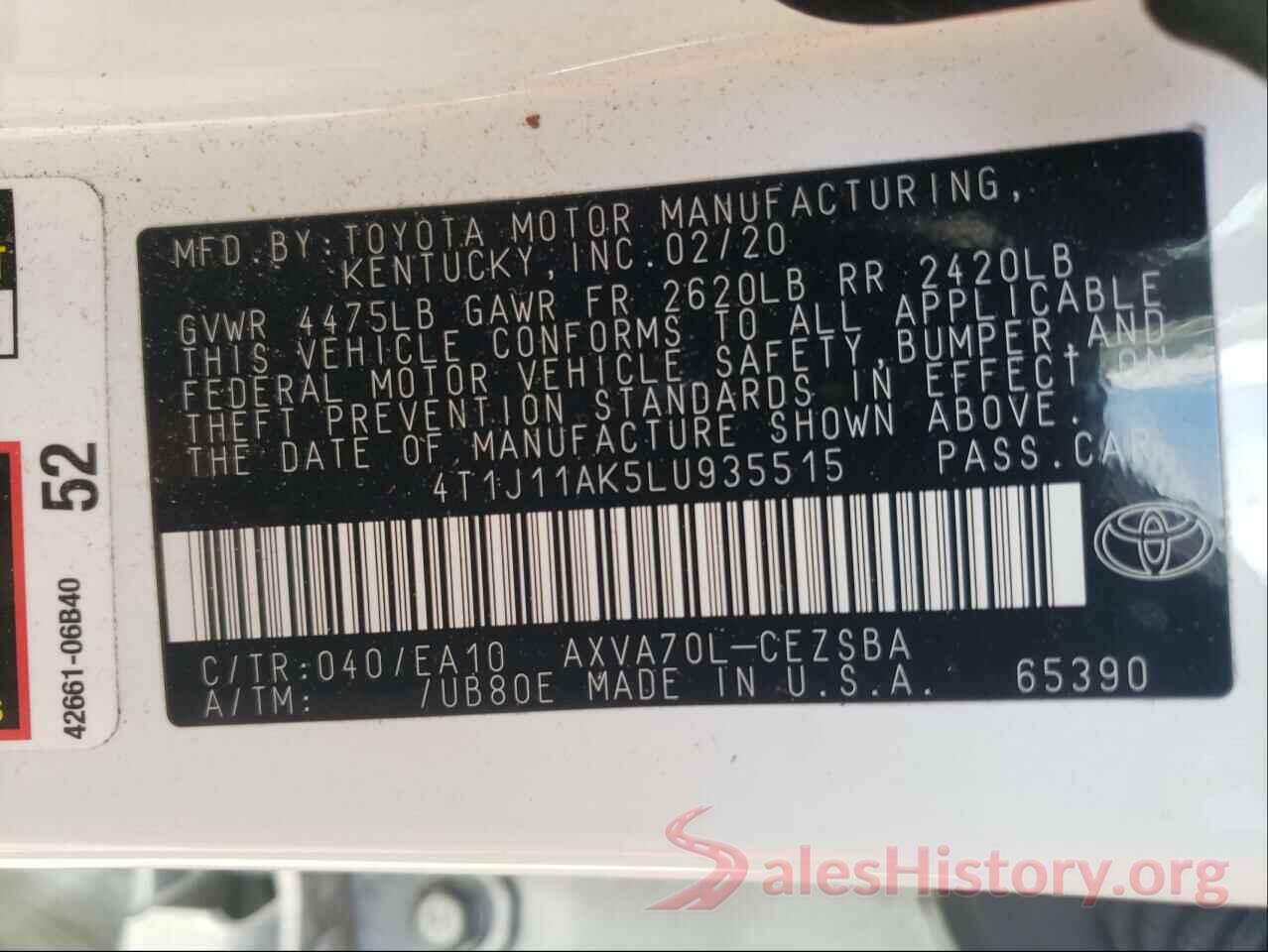 4T1J11AK5LU935515 2020 TOYOTA CAMRY