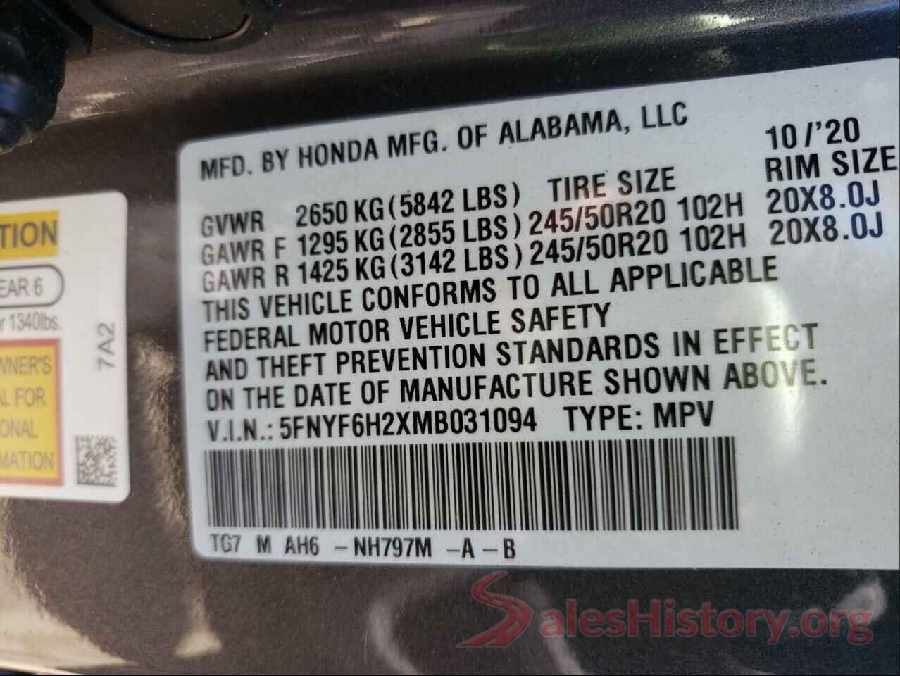 5FNYF6H2XMB031094 2021 HONDA PILOT