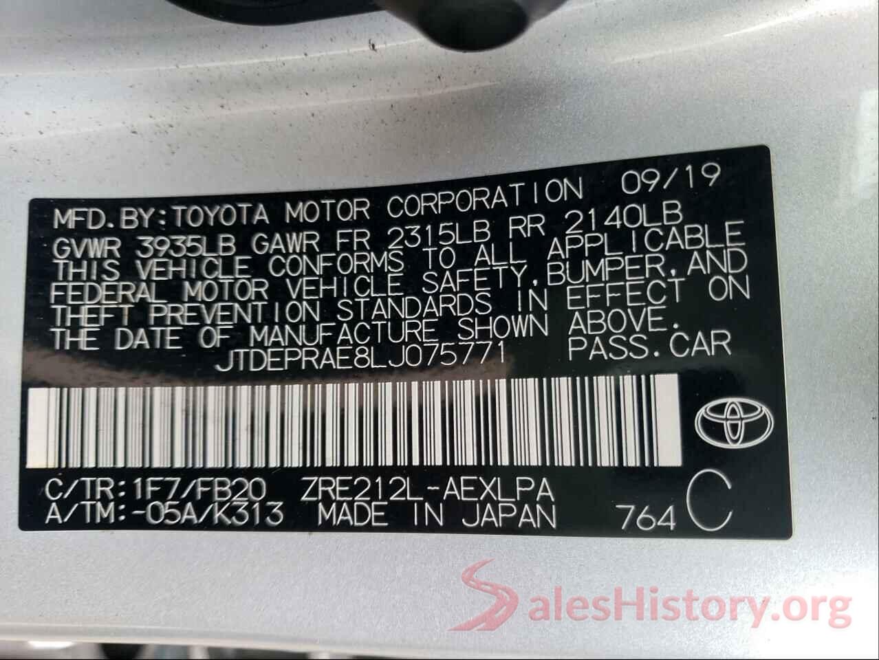 JTDEPRAE8LJ075771 2020 TOYOTA COROLLA