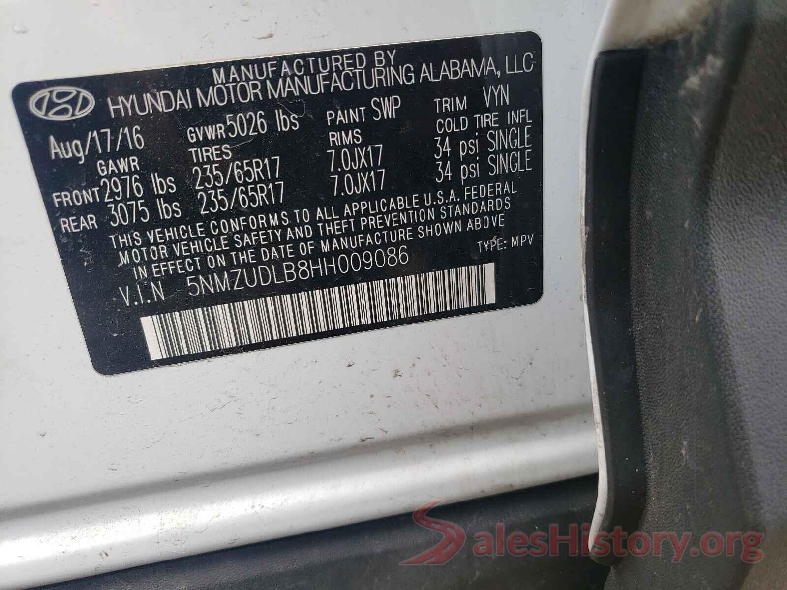 5NMZUDLB8HH009086 2017 HYUNDAI SANTA FE