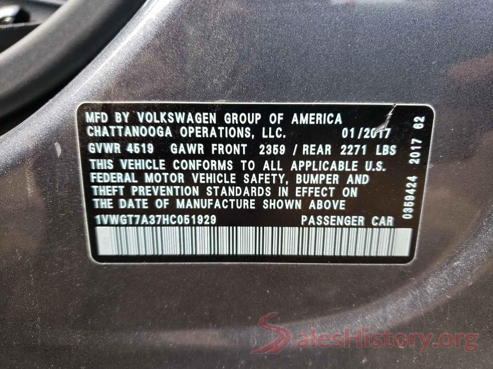 1VWGT7A37HC051929 2017 VOLKSWAGEN PASSAT