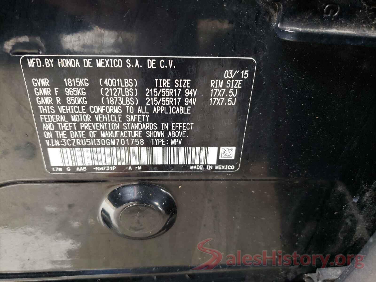 3CZRU5H30GM701758 2016 HONDA HR-V