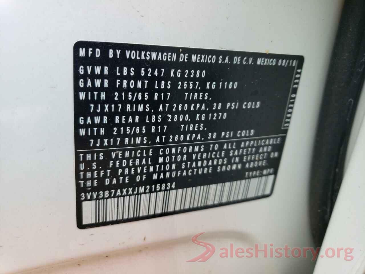 3VV3B7AXXJM215834 2018 VOLKSWAGEN TIGUAN