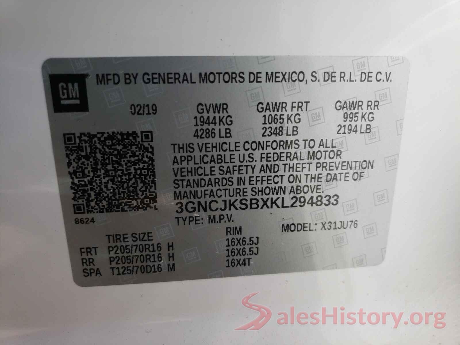 3GNCJKSBXKL294833 2019 CHEVROLET TRAX