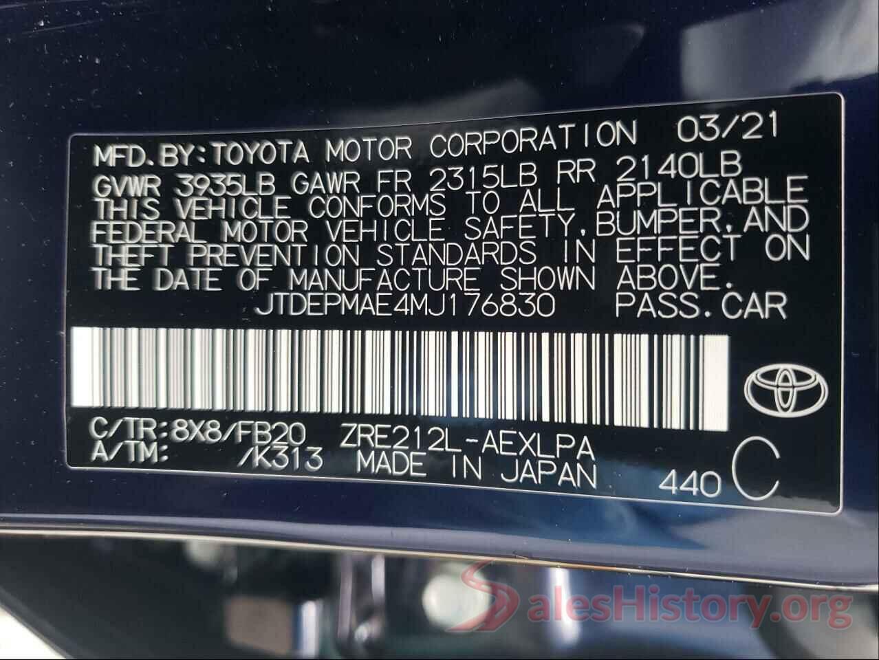 JTDEPMAE4MJ176830 2021 TOYOTA COROLLA