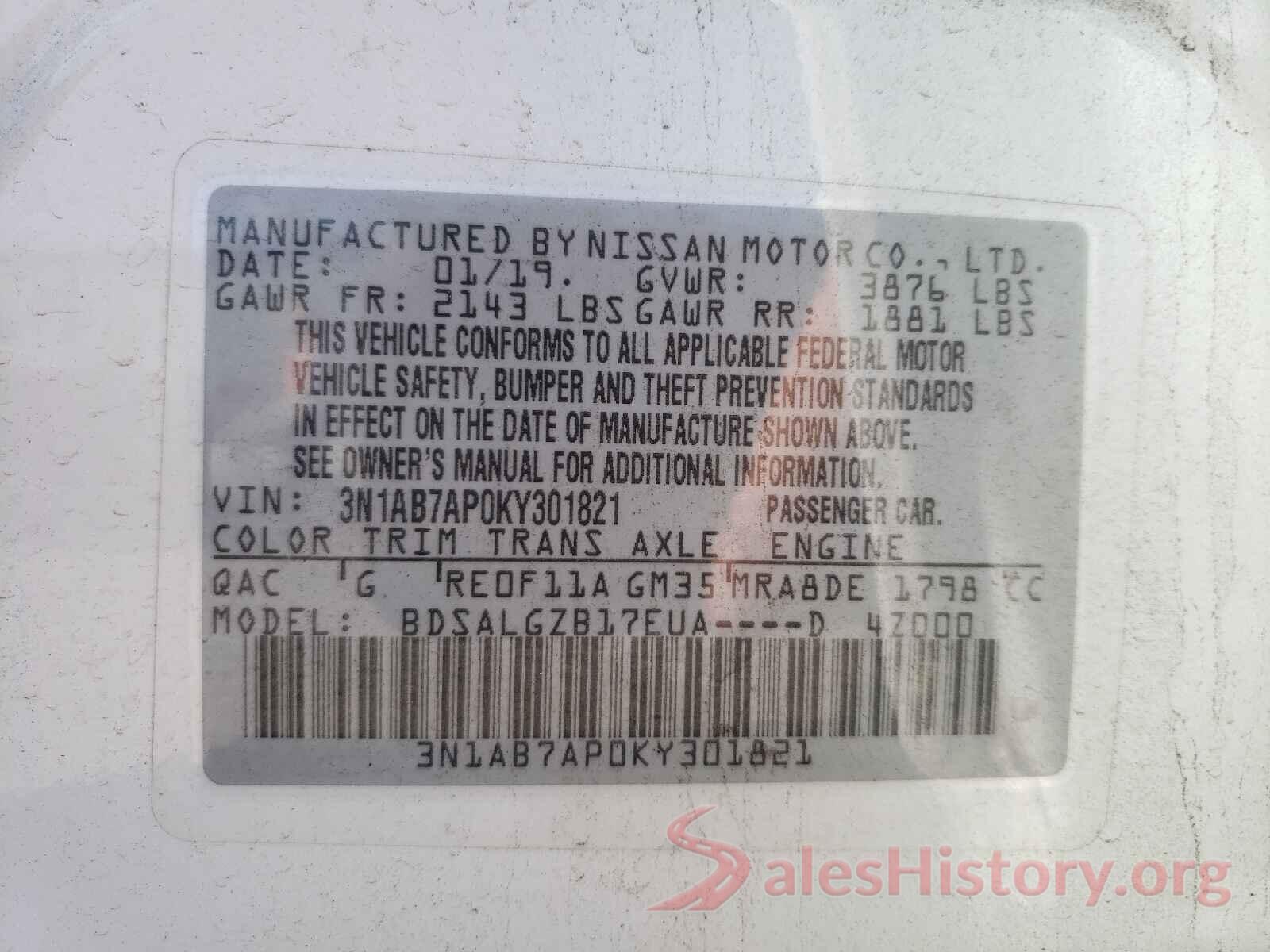 3N1AB7AP0KY301821 2019 NISSAN SENTRA