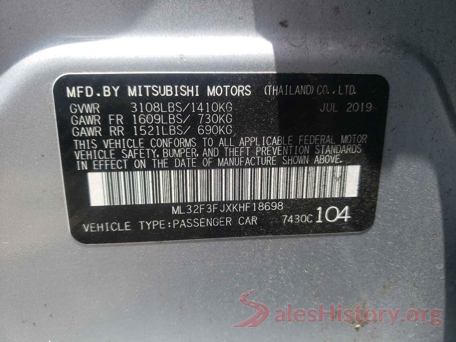 ML32F3FJXKHF18698 2019 MITSUBISHI MIRAGE