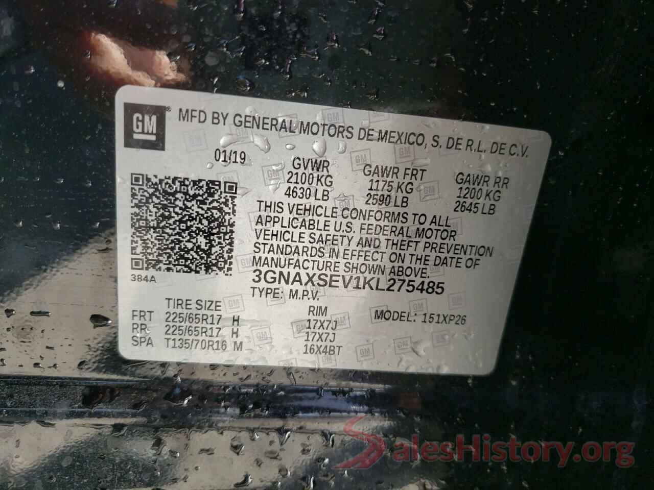 3GNAXSEV1KL275485 2019 CHEVROLET EQUINOX