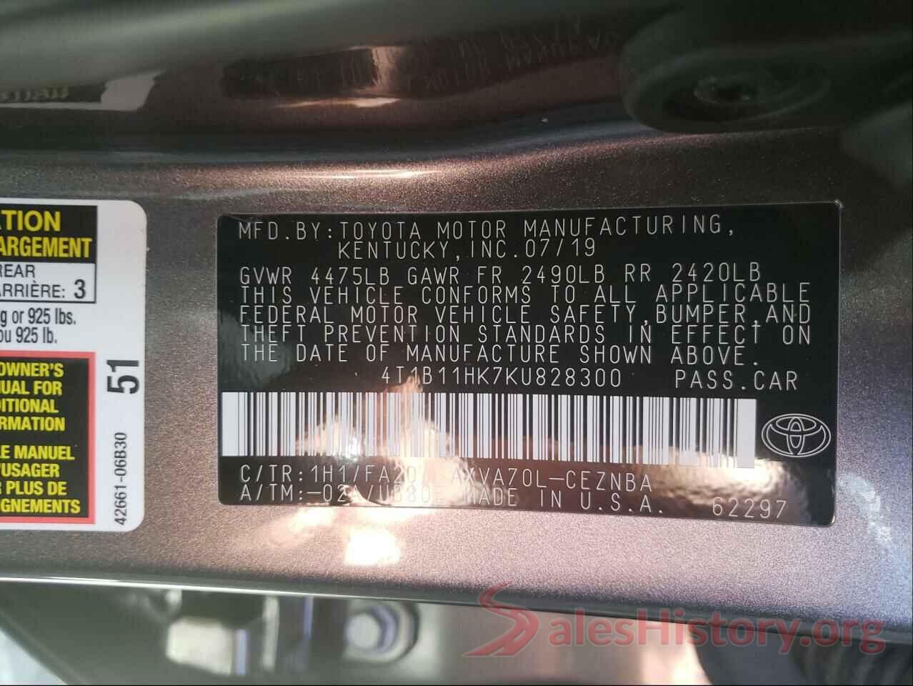 4T1B11HK7KU828300 2019 TOYOTA CAMRY