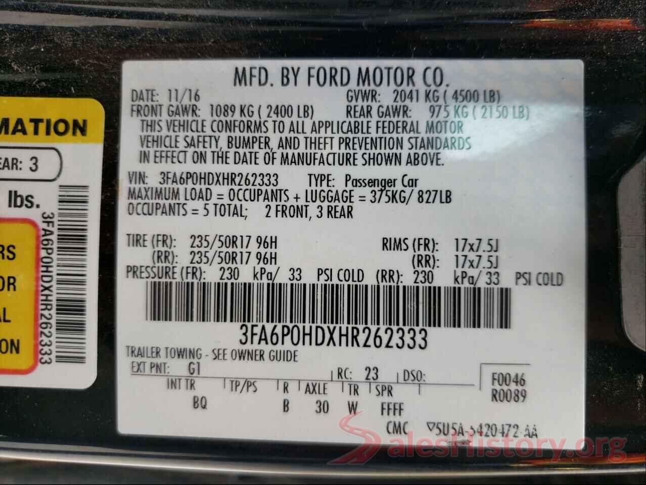 3FA6P0HDXHR262333 2017 FORD FUSION