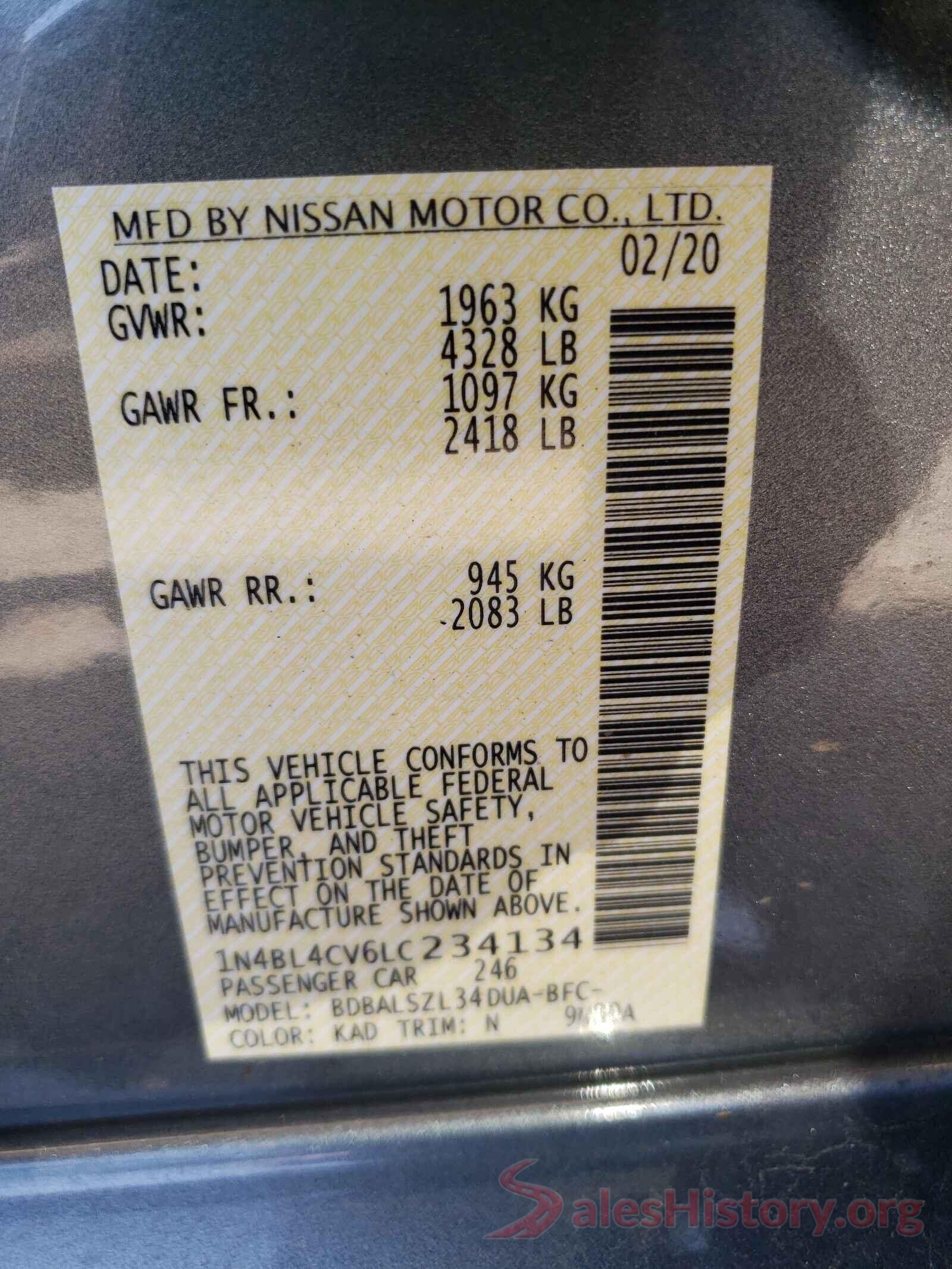 1N4BL4CV6LC234134 2020 NISSAN ALTIMA