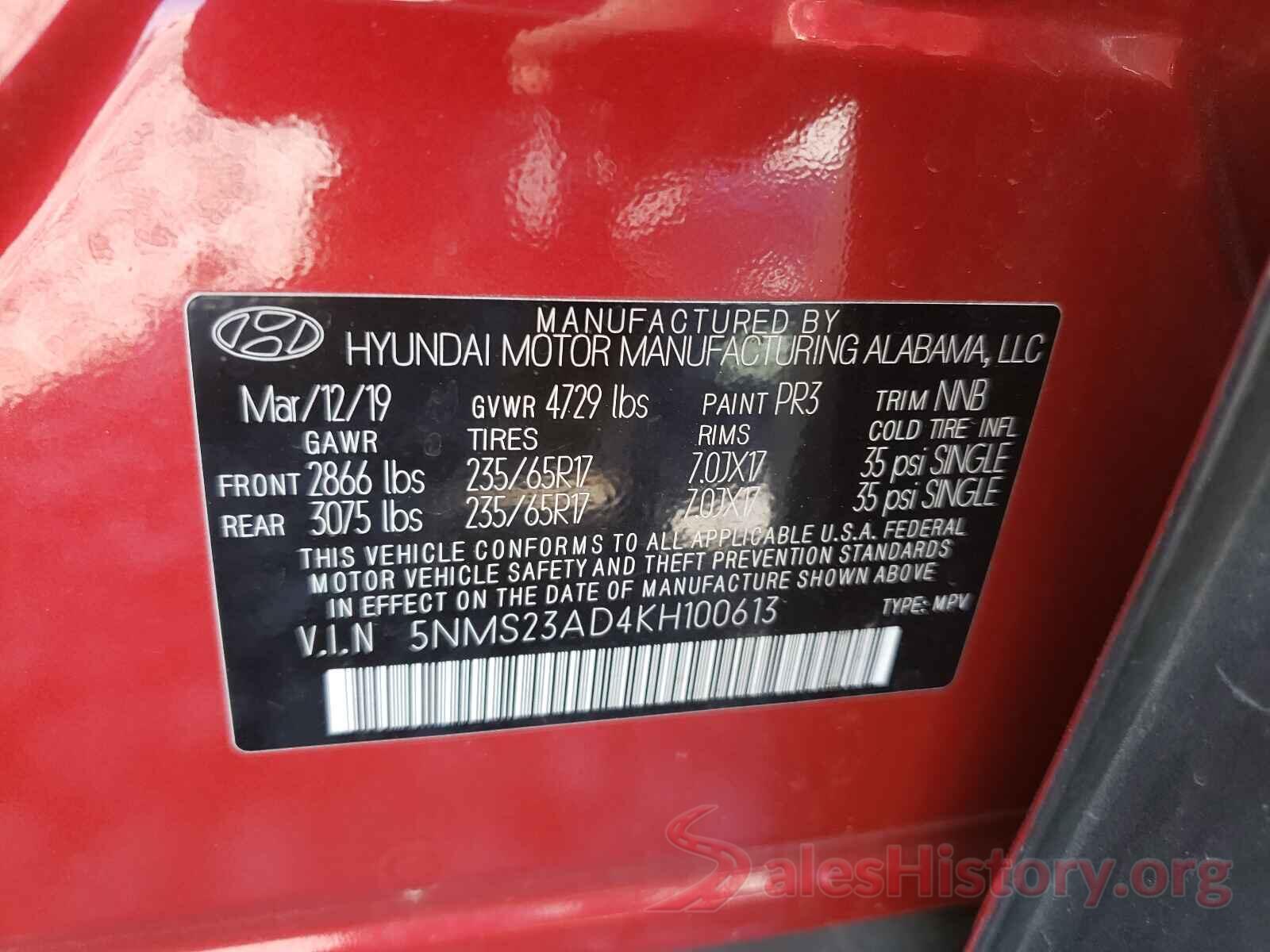 5NMS23AD4KH100613 2019 HYUNDAI SANTA FE