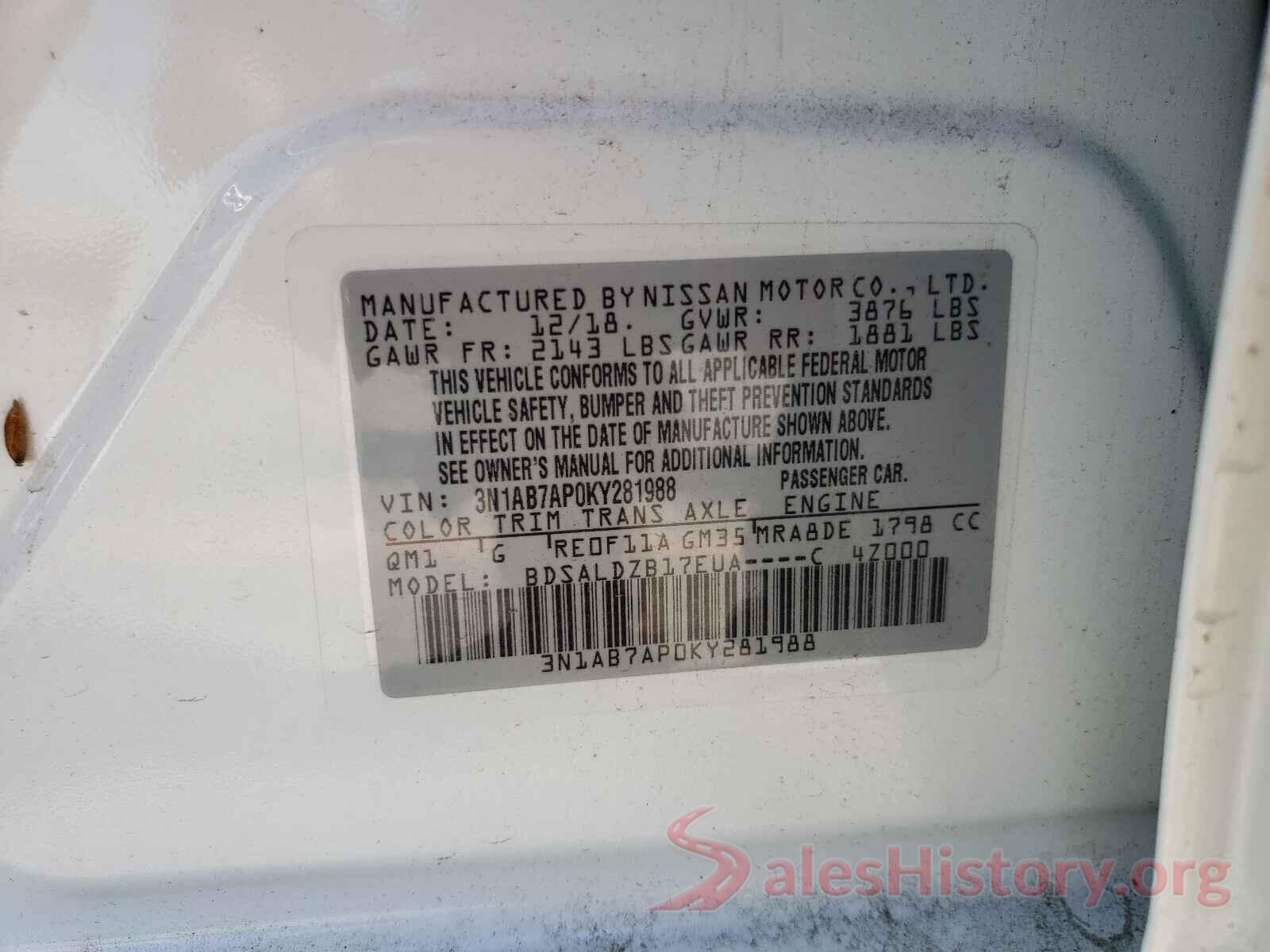 3N1AB7AP0KY281988 2019 NISSAN SENTRA