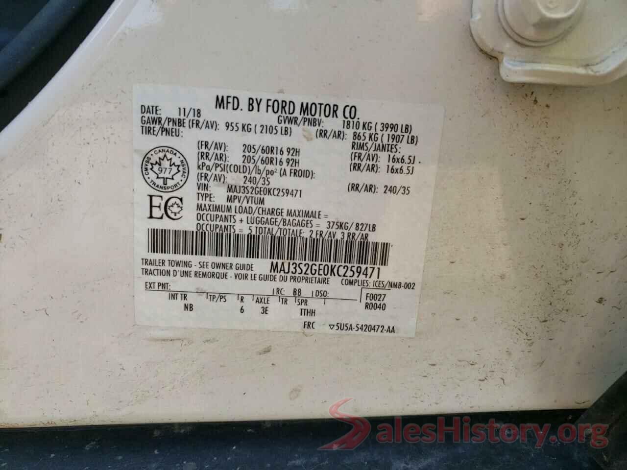 MAJ3S2GE0KC259471 2019 FORD ECOSPORT