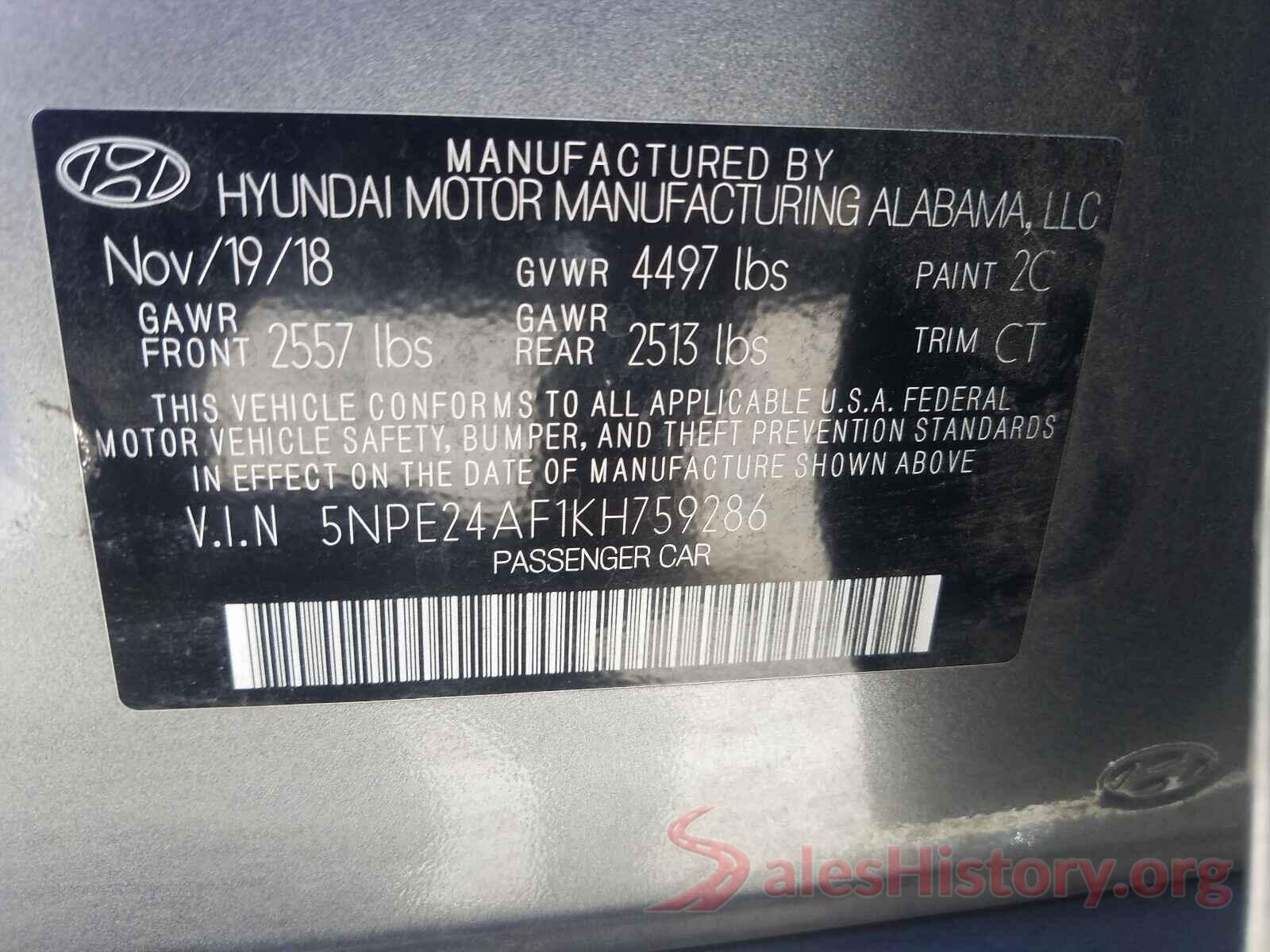 5NPE24AF1KH759286 2019 HYUNDAI SONATA