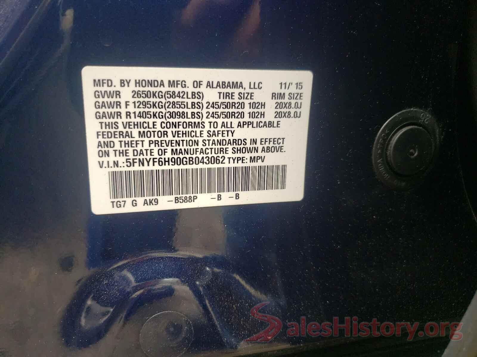 5FNYF6H90GB043062 2016 HONDA PILOT