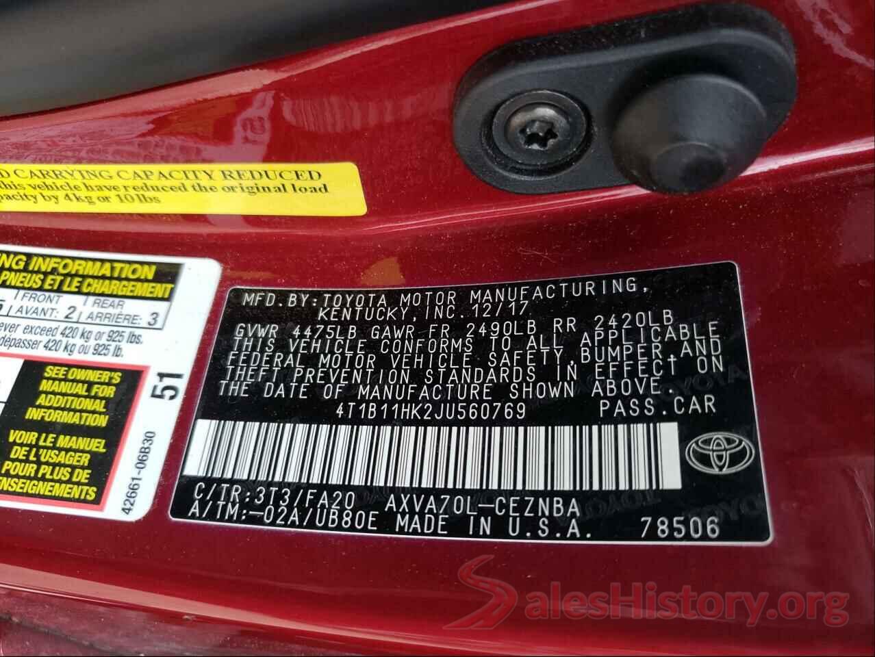 4T1B11HK2JU560769 2018 TOYOTA CAMRY