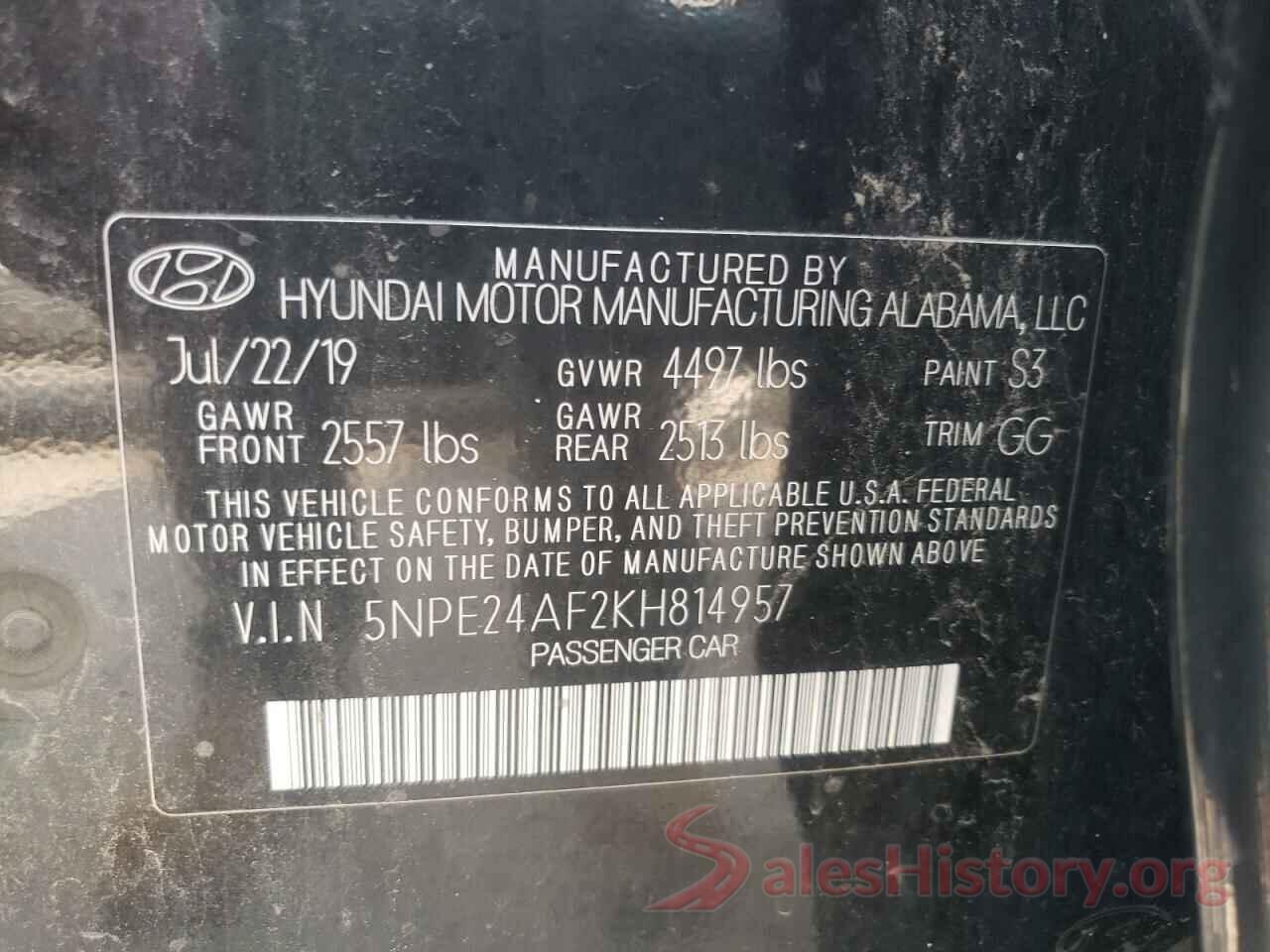 5NPE24AF2KH814957 2019 HYUNDAI SONATA