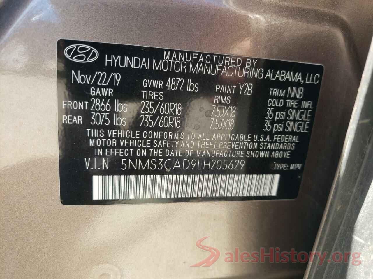 5NMS3CAD9LH205629 2020 HYUNDAI SANTA FE