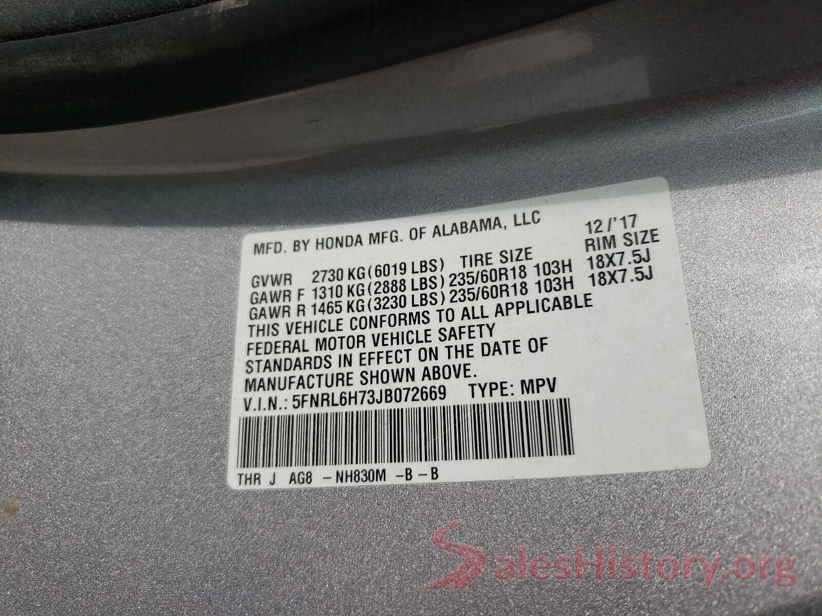 5FNRL6H73JB072669 2018 HONDA ODYSSEY