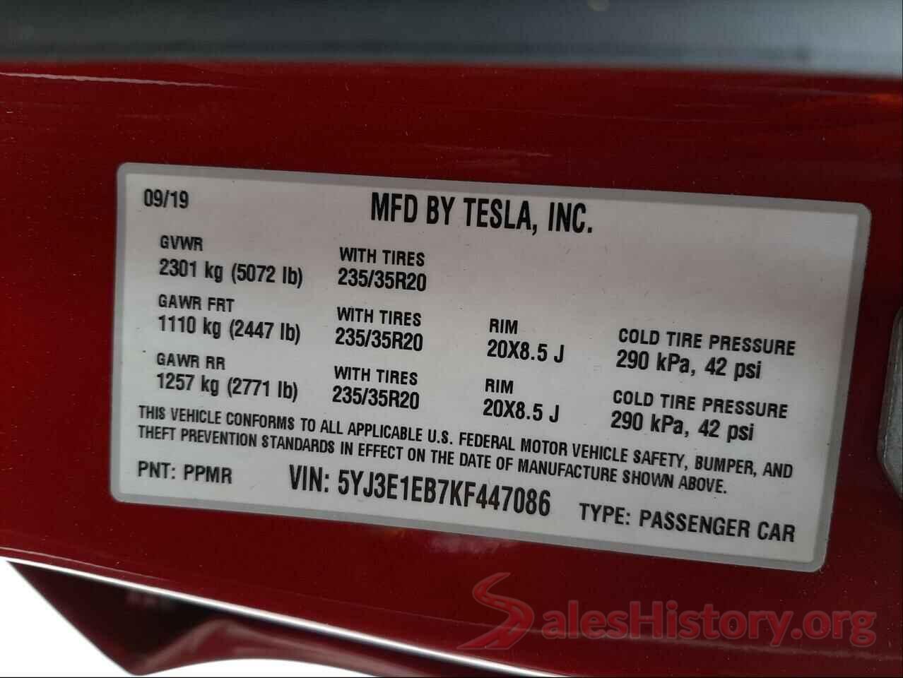 5YJ3E1EB7KF447086 2019 TESLA MODEL 3