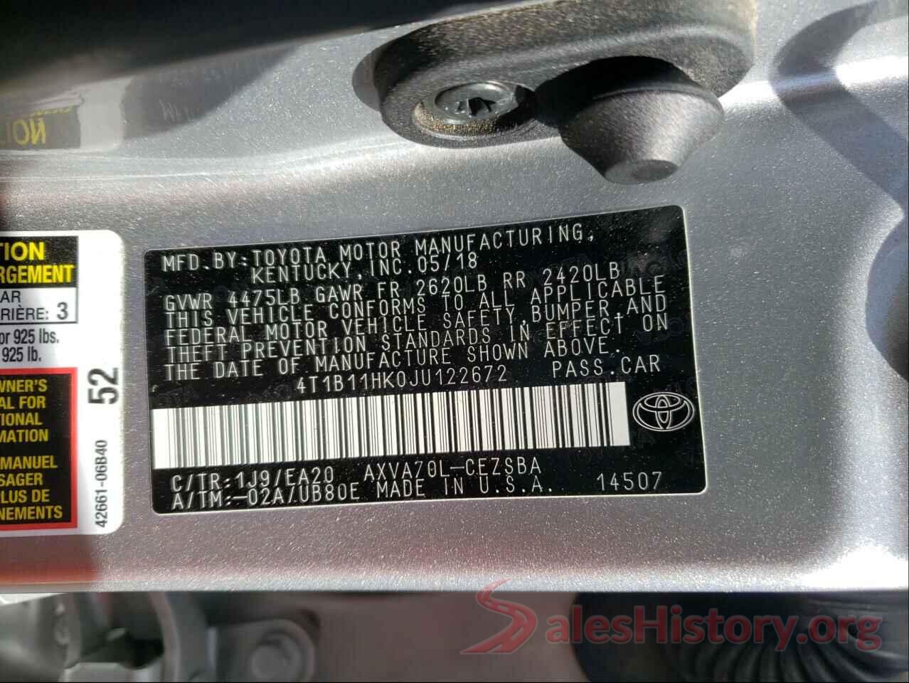 4T1B11HK0JU122672 2018 TOYOTA CAMRY