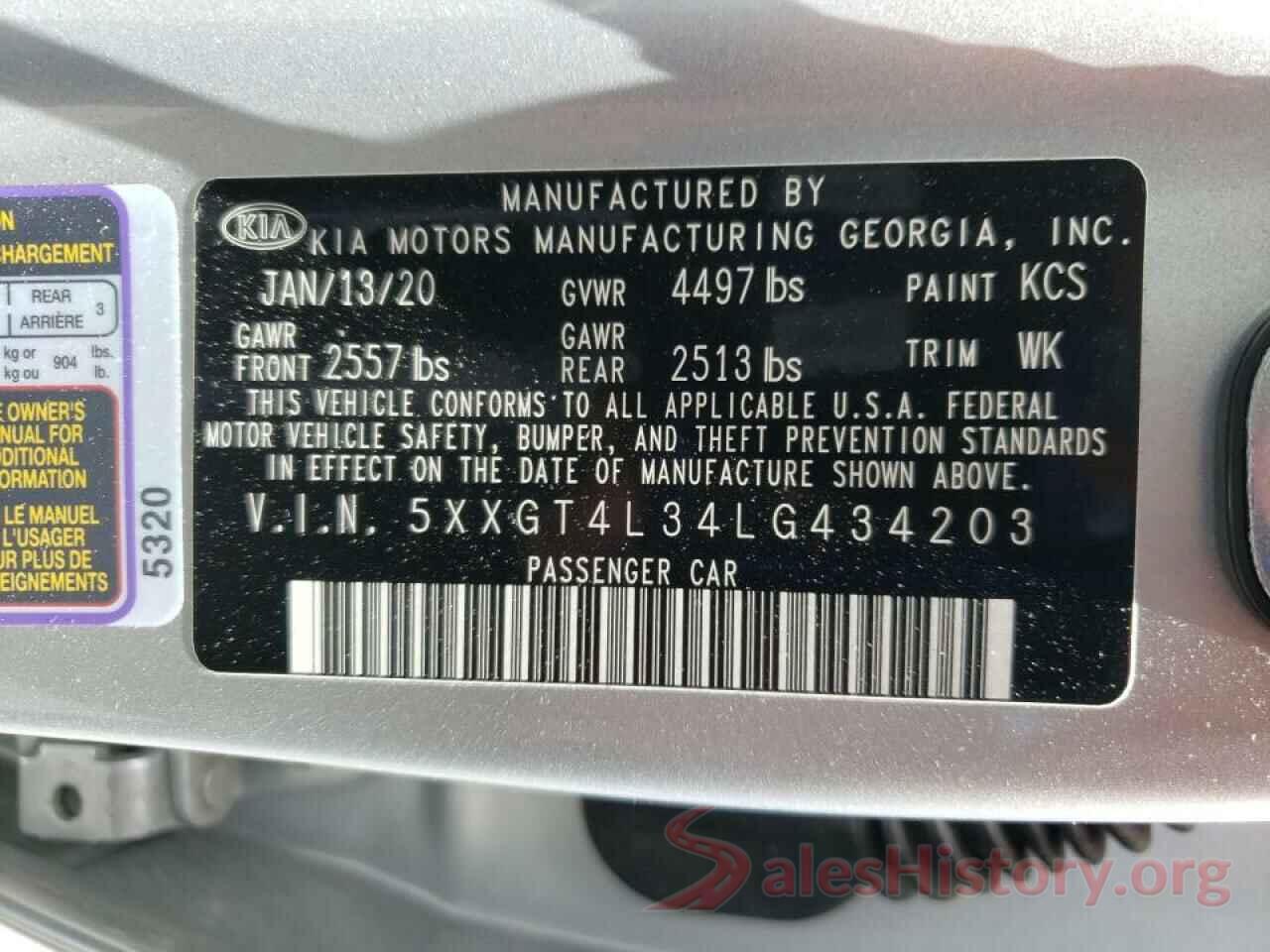 5XXGT4L34LG434203 2020 KIA OPTIMA