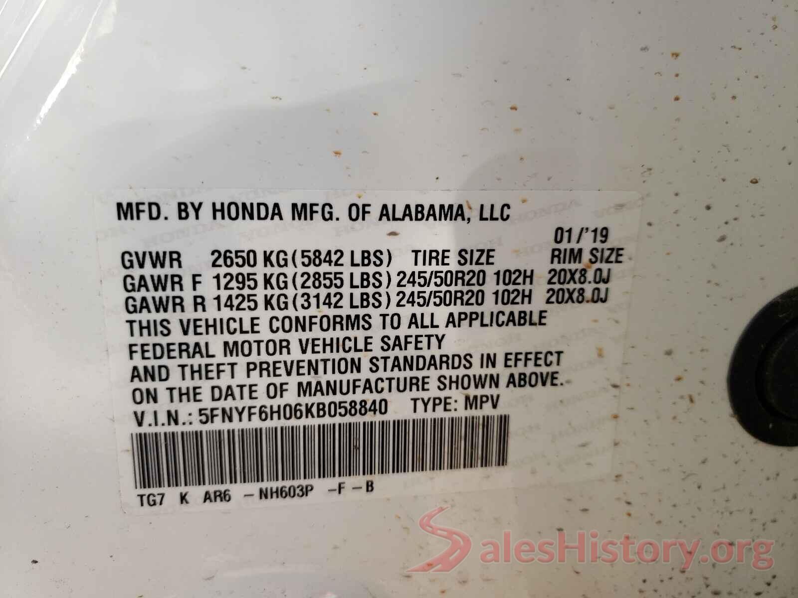 5FNYF6H06KB058840 2019 HONDA PILOT