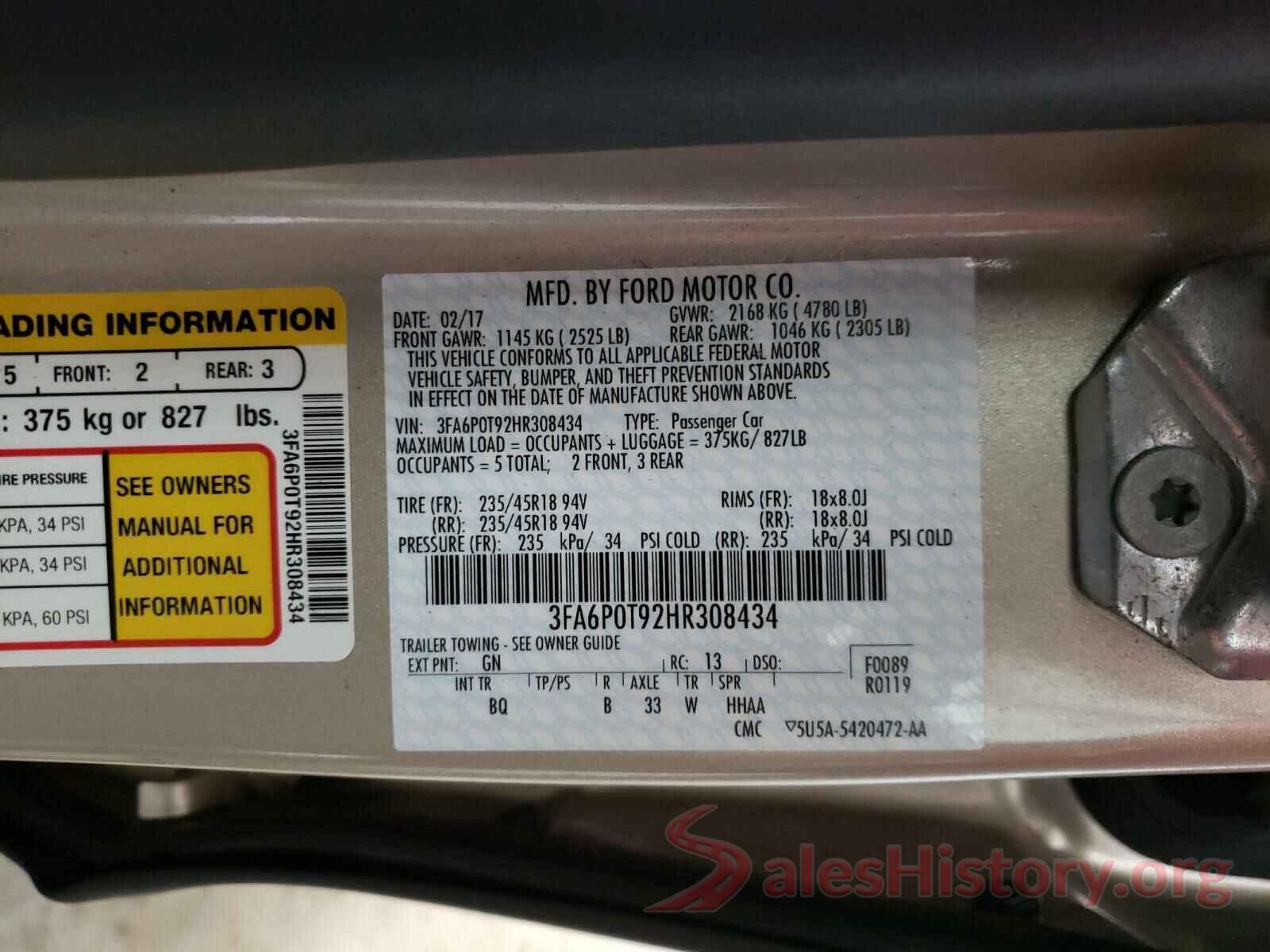 3FA6P0T92HR308434 2017 FORD FUSION