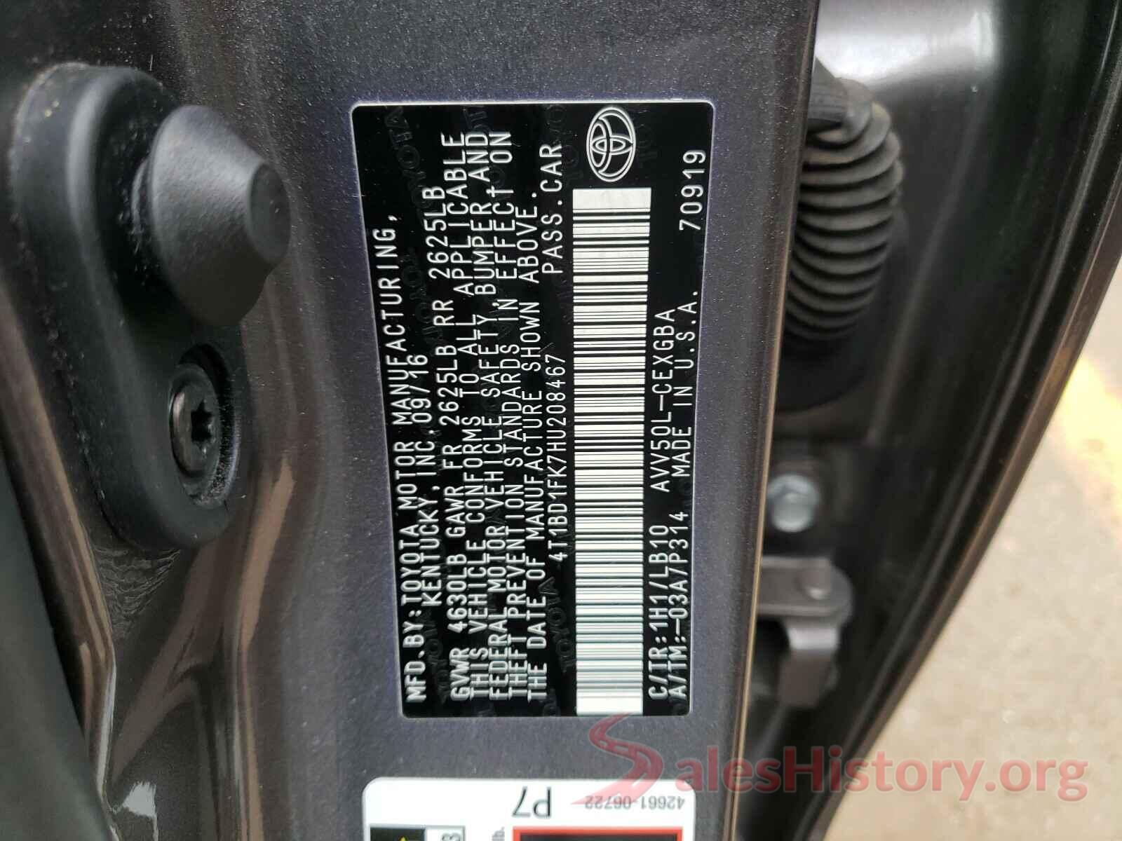 4T1BD1FK7HU208467 2017 TOYOTA CAMRY