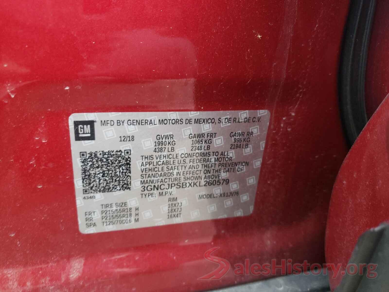 3GNCJPSBXKL260579 2019 CHEVROLET TRAX