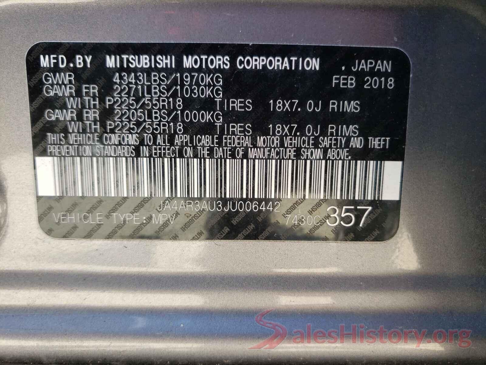 JA4AR3AU3JU006442 2018 MITSUBISHI OUTLANDER