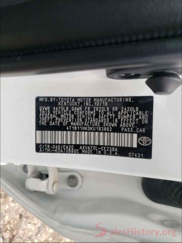 4T1B11HK0KU183862 2019 TOYOTA CAMRY