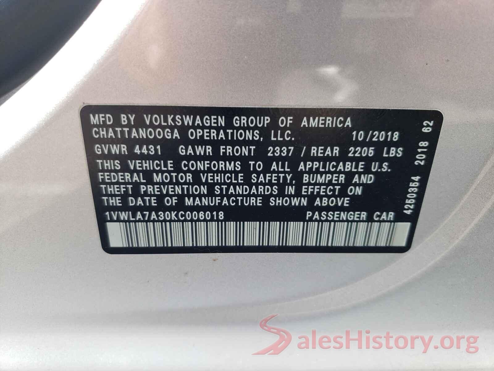 1VWLA7A30KC006018 2019 VOLKSWAGEN PASSAT