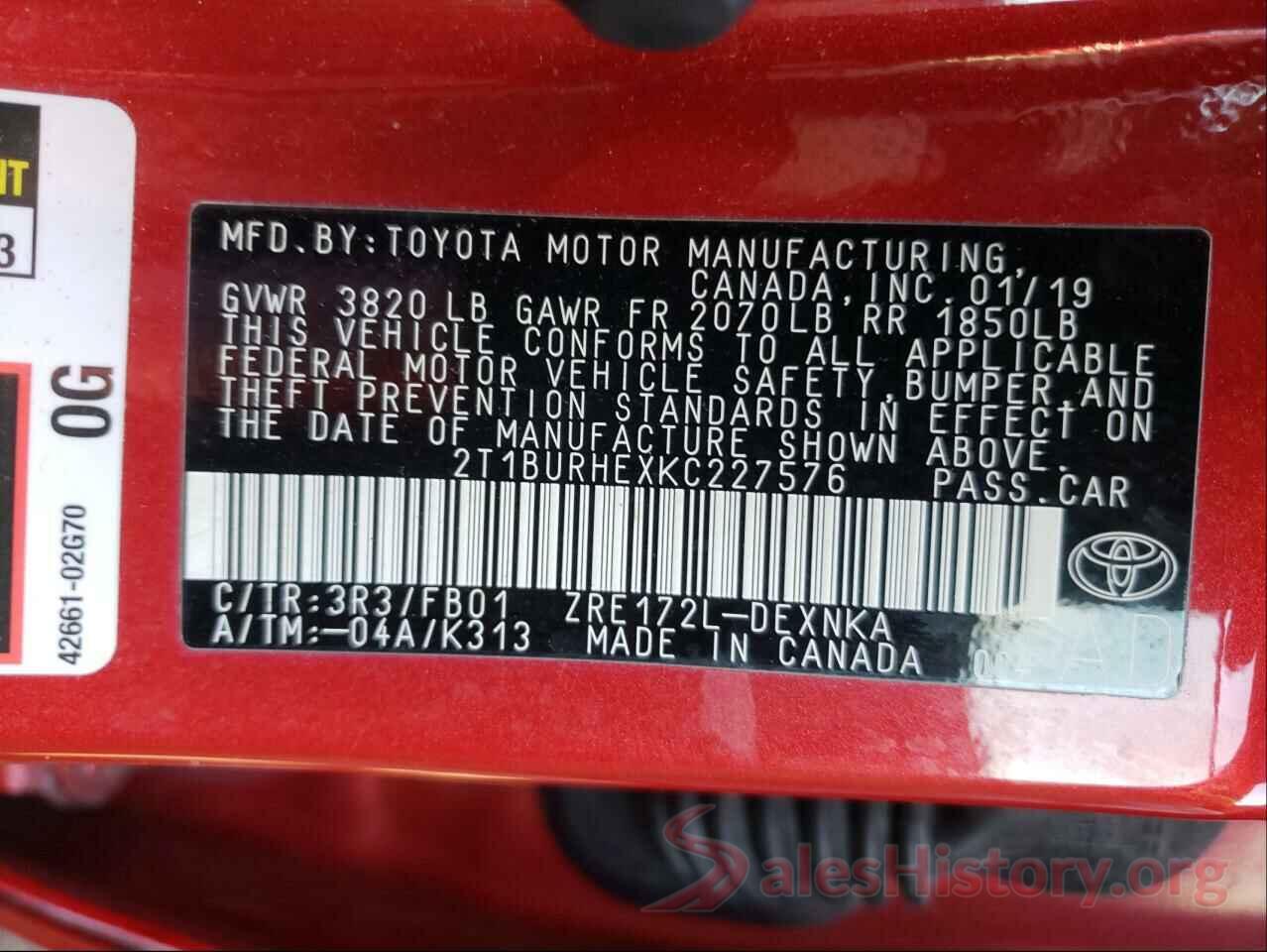 2T1BURHEXKC227576 2019 TOYOTA COROLLA