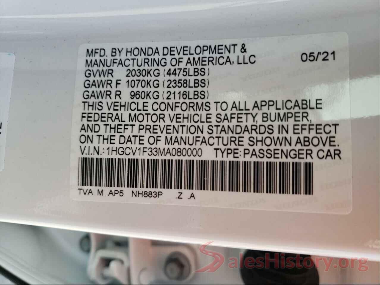 1HGCV1F33MA080000 2021 HONDA ACCORD