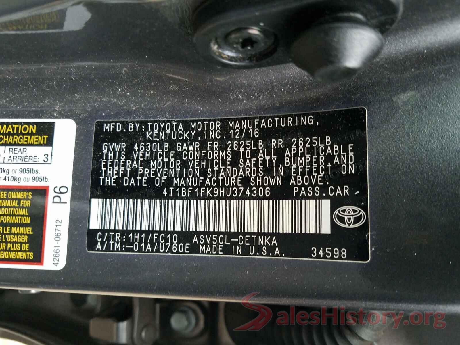 4T1BF1FK9HU374306 2017 TOYOTA CAMRY