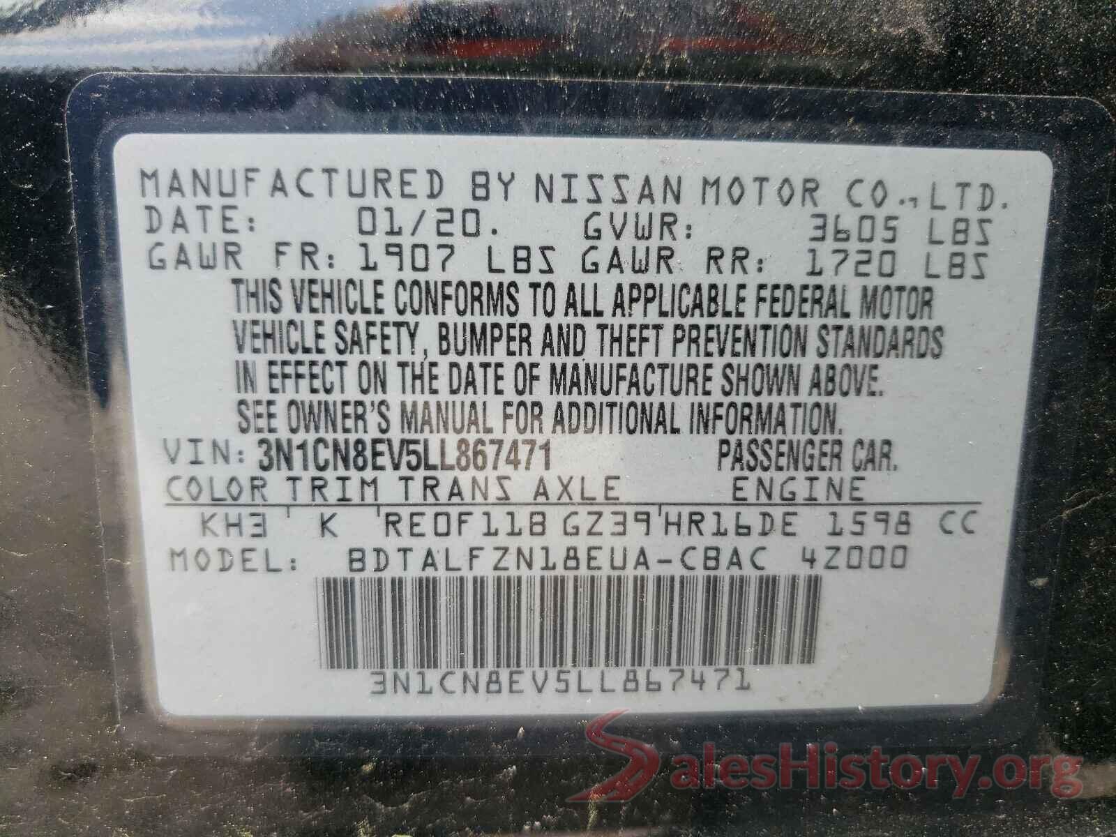 3N1CN8EV5LL867471 2020 NISSAN VERSA