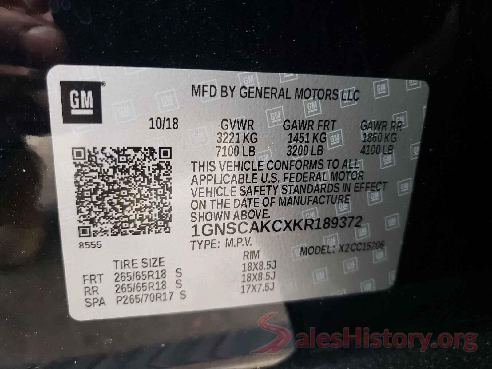 1GNSCAKCXKR189372 2019 CHEVROLET TAHOE