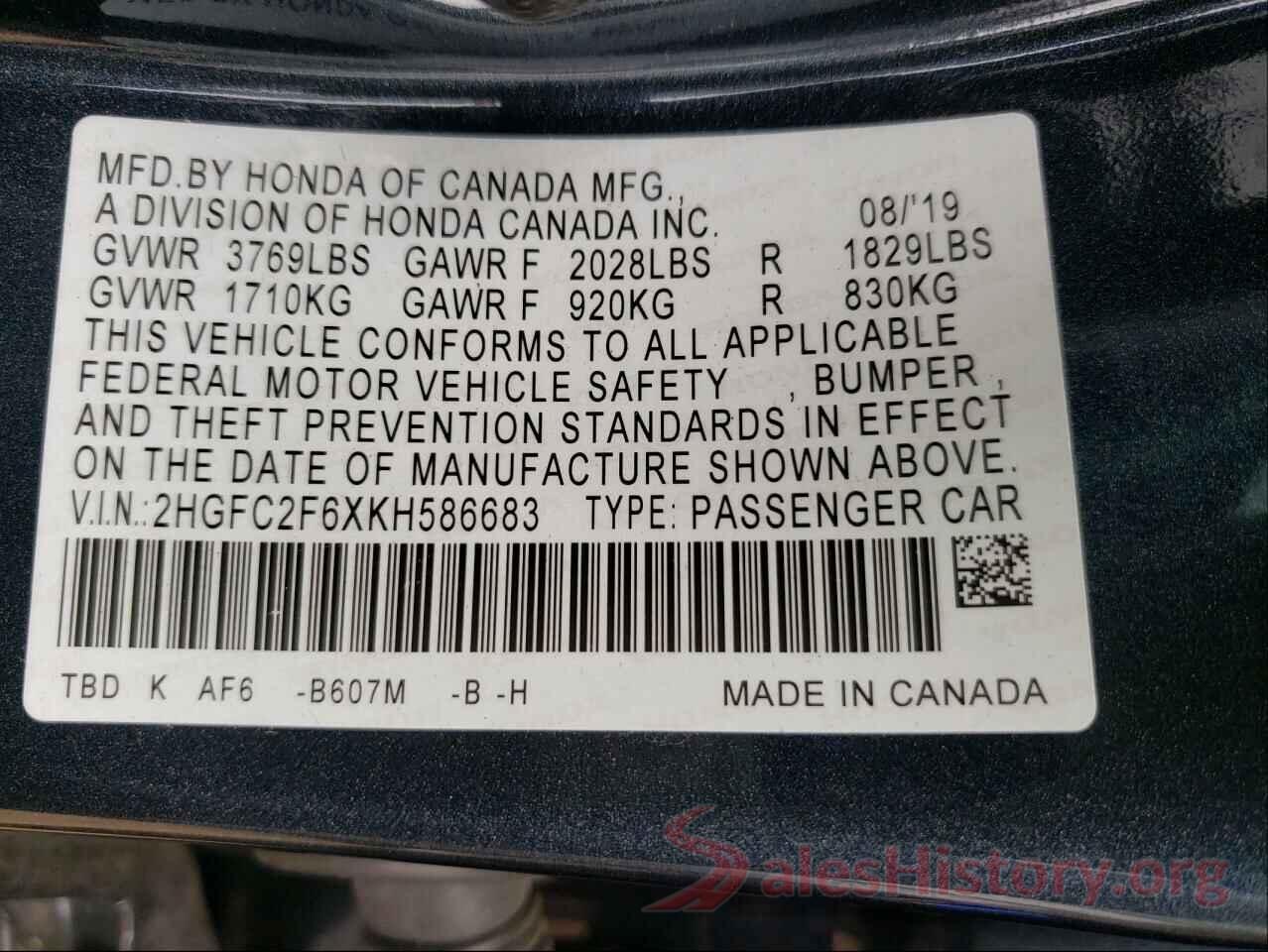 2HGFC2F6XKH586683 2019 HONDA CIVIC