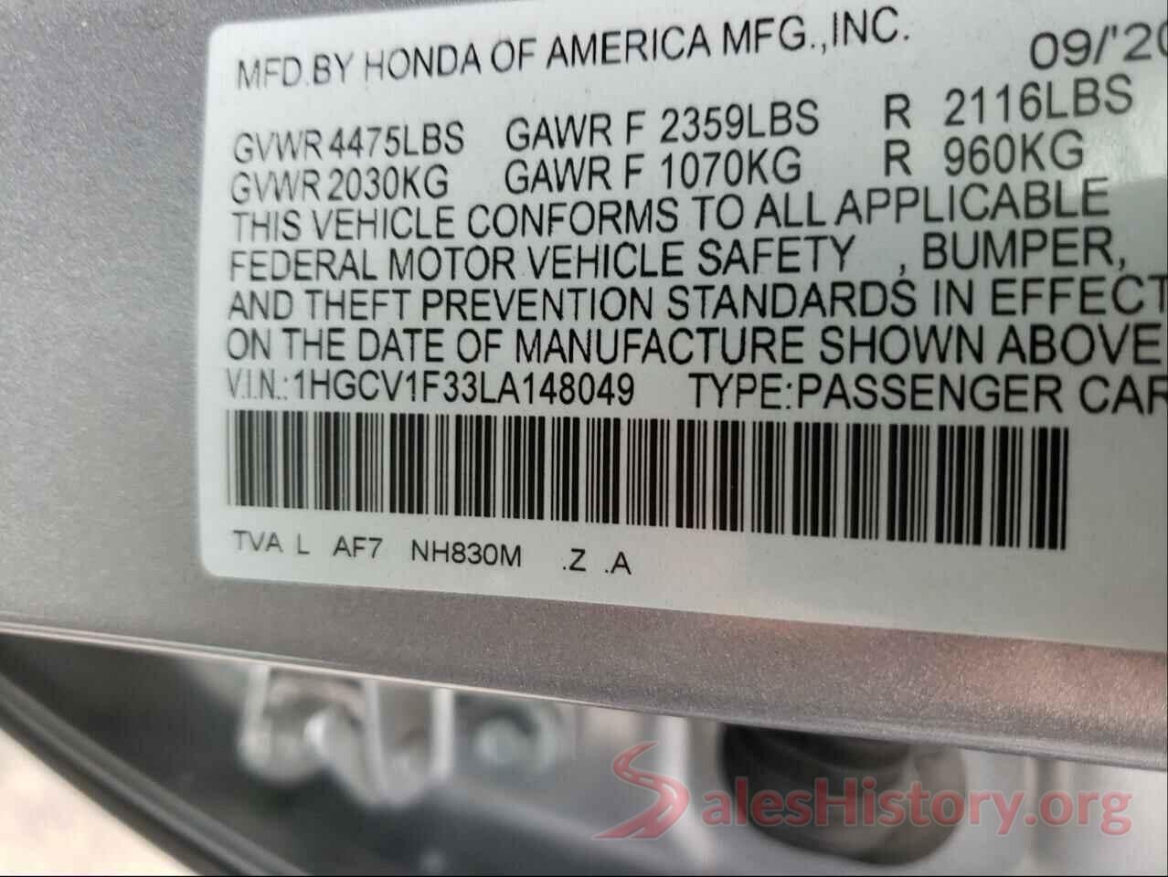 1HGCV1F33LA148049 2020 HONDA ACCORD