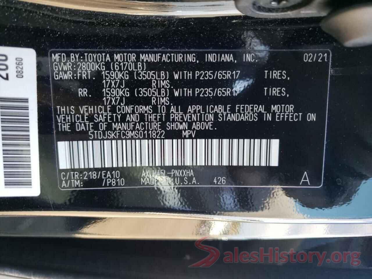 5TDJSKFC9MS011822 2021 TOYOTA SIENNA