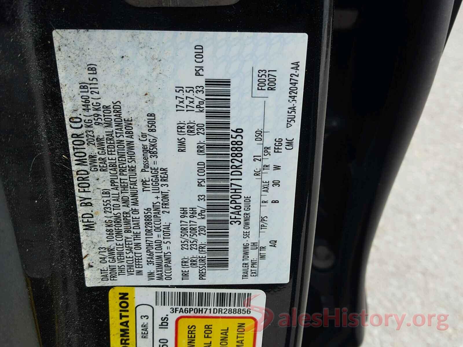 3FA6P0H71DR288856 2013 FORD FUSION