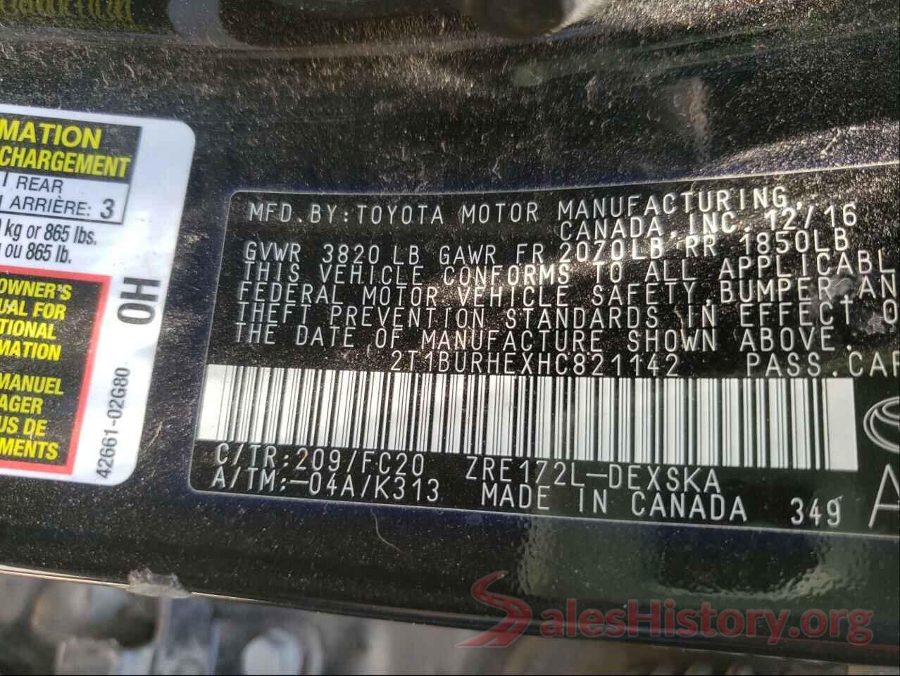 2T1BURHEXHC821142 2017 TOYOTA COROLLA