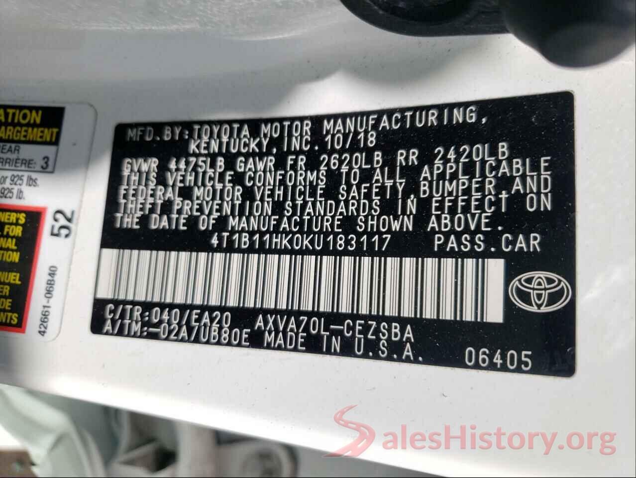 4T1B11HK0KU183117 2019 TOYOTA CAMRY