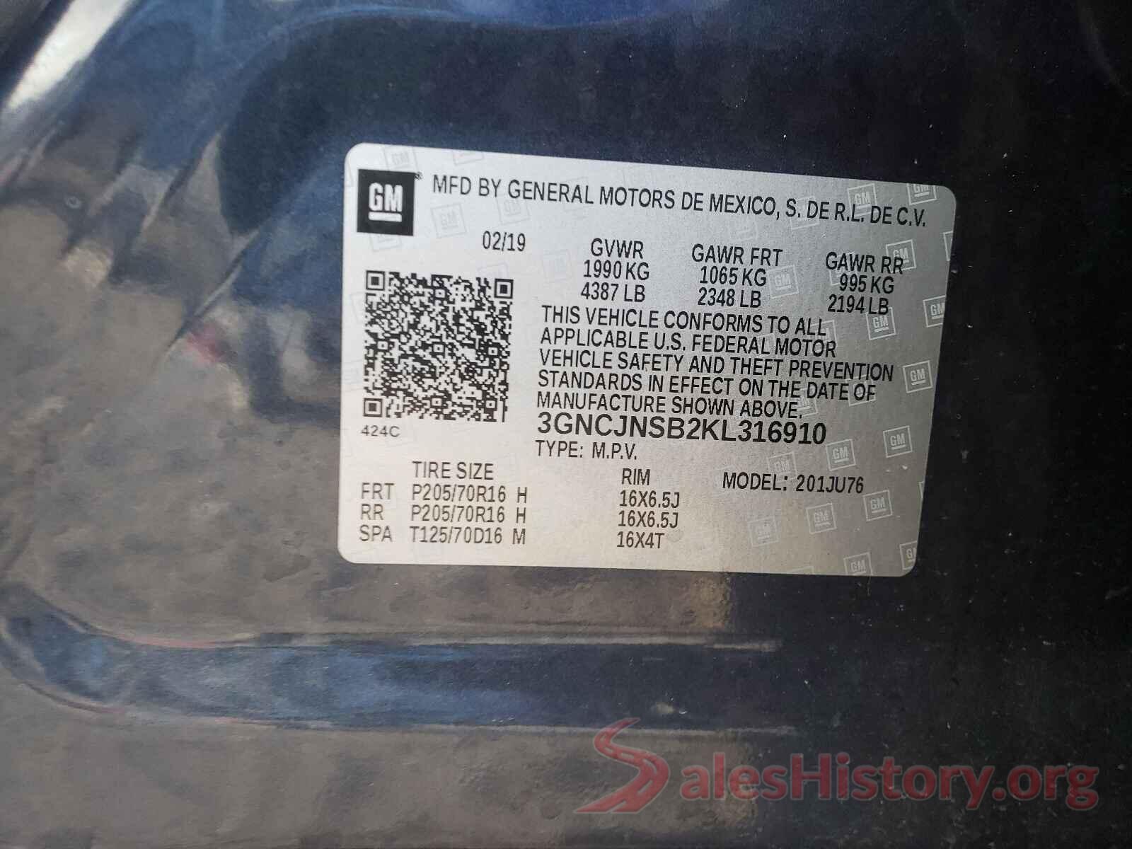 3GNCJNSB2KL316910 2019 CHEVROLET TRAX