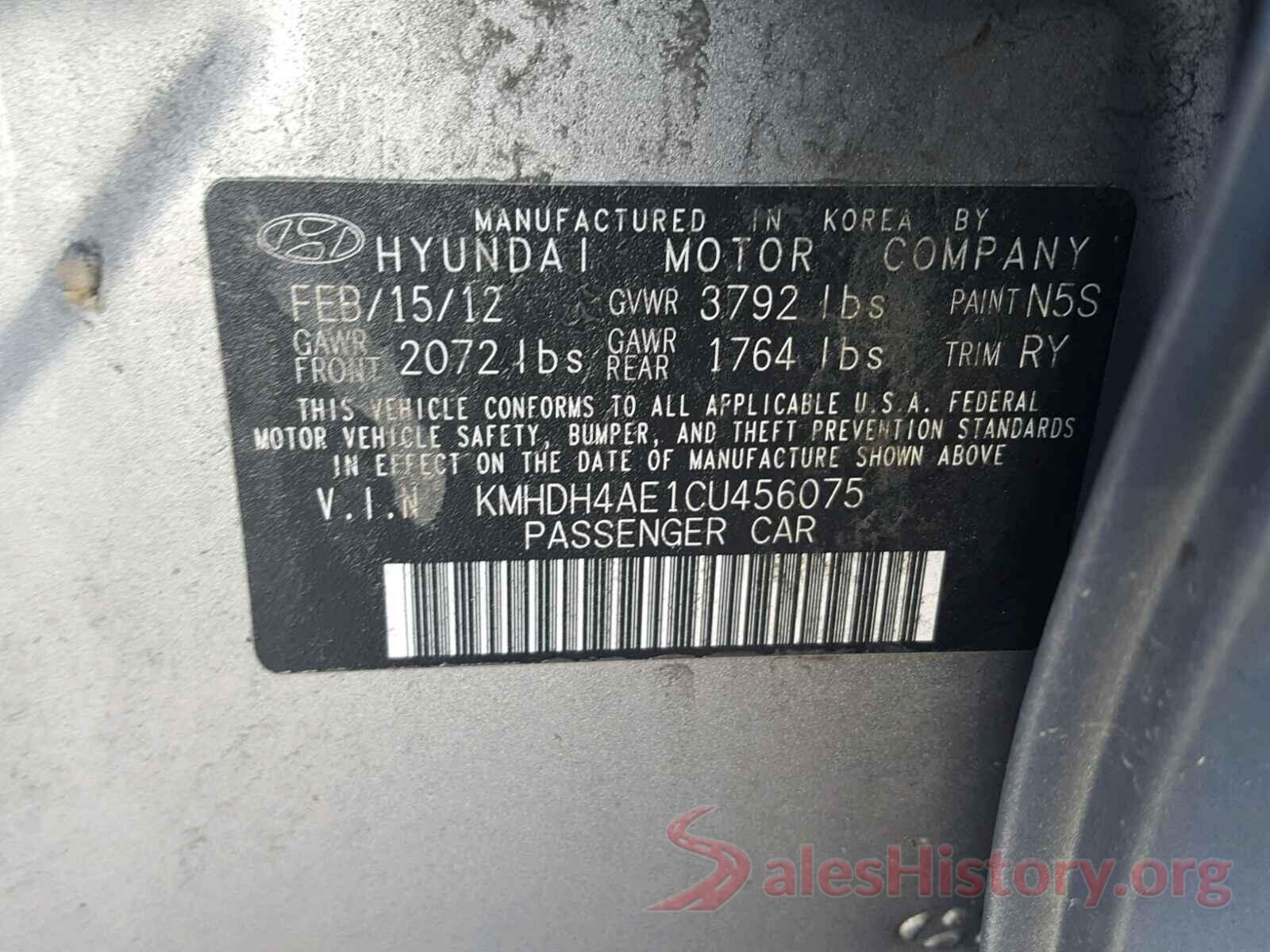 KMHDH4AE1CU456075 2012 HYUNDAI ELANTRA