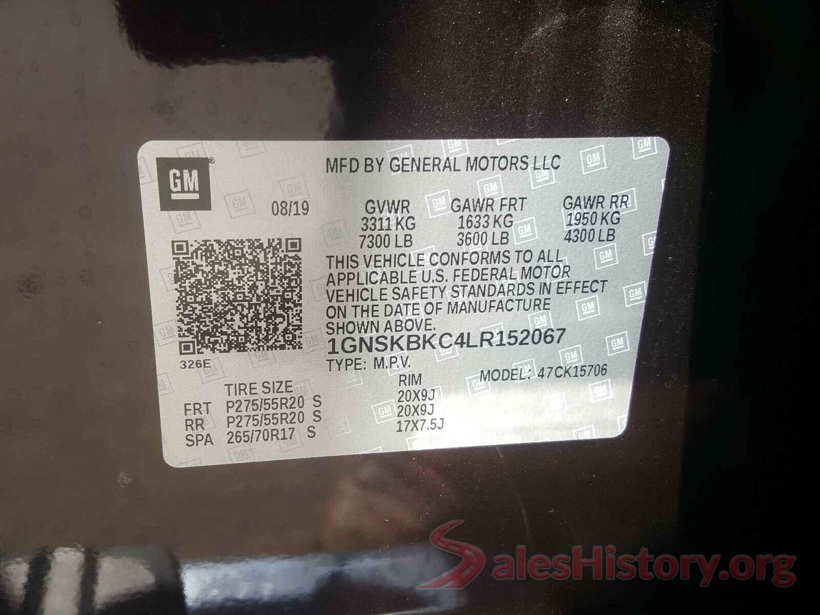 1GNSKBKC4LR152067 2020 CHEVROLET TAHOE